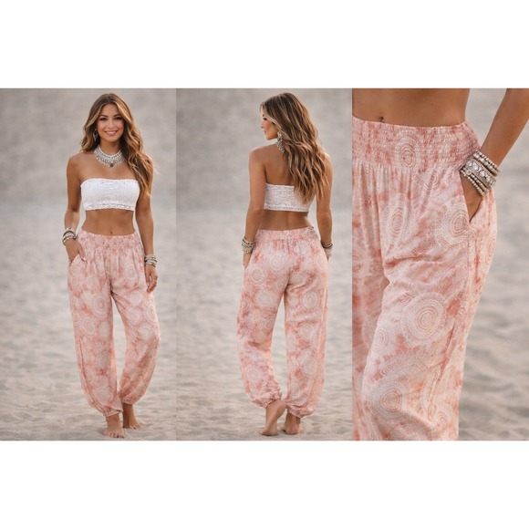 Lotus and Luna Other - NWT Lotus and Luna Baha Mandala Boho Yoga Harem Pants in Guava L/XL